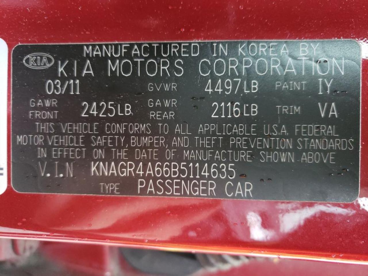 Photo 10 from auction – 2011 KIA OPTIMA SX with VIN KNAGR4A66B5114635