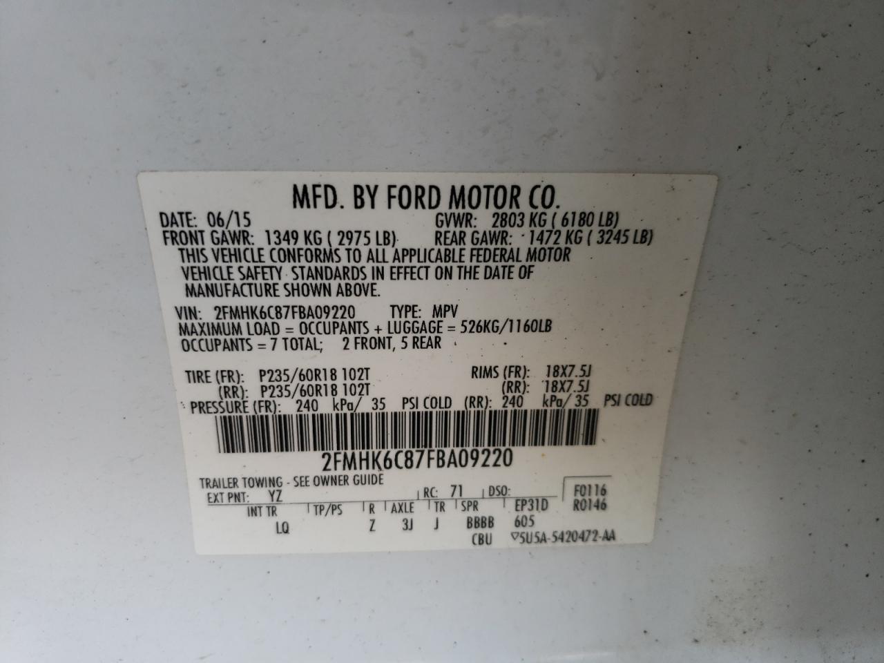 Photo 10 from auction – 2015 FORD FLEX SEL with VIN 2FMHK6C87FBA09220