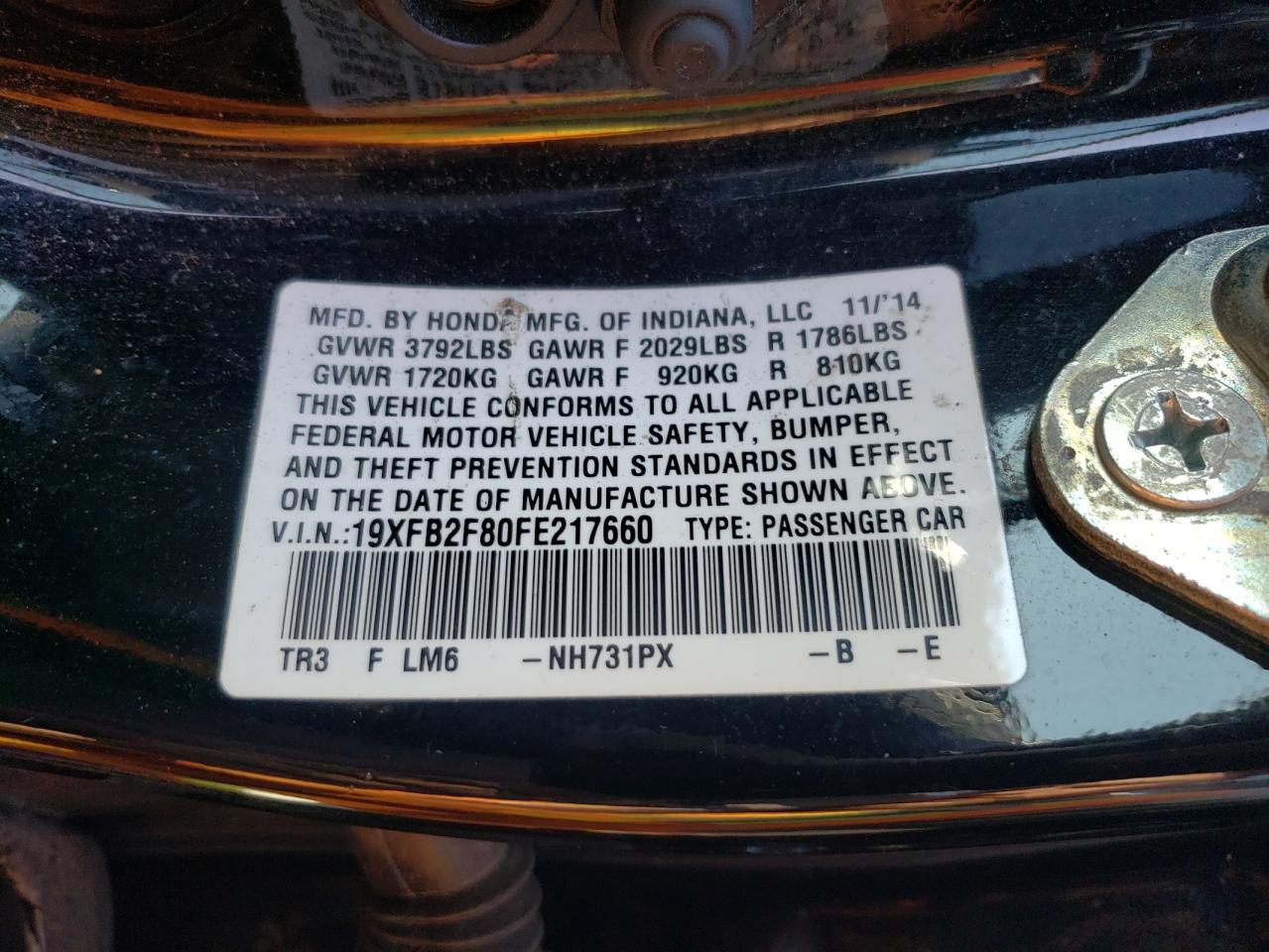 Photo 10 from auction – 2015 HONDA CIVIC EX with VIN 19XFB2F80FE217660