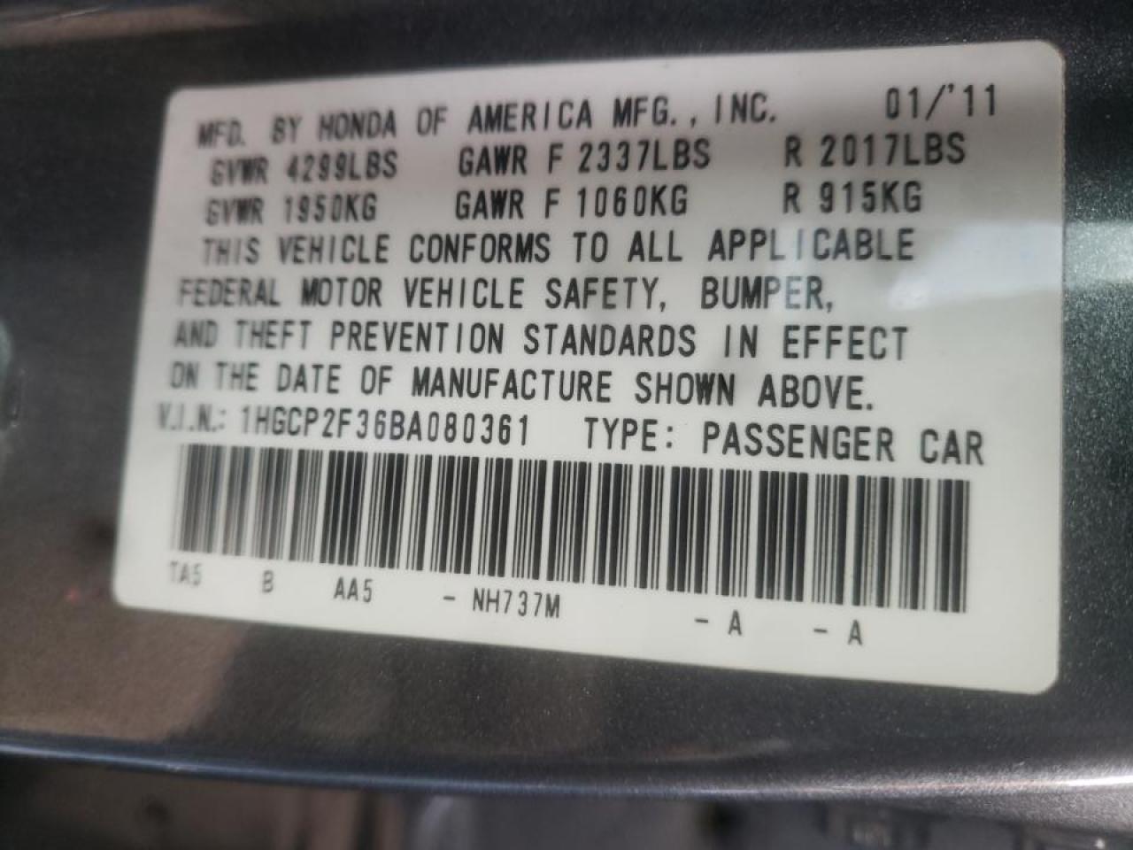 Photo 10 from auction – 2011 HONDA ACCORD LX with VIN 1HGCP2F36BA080361