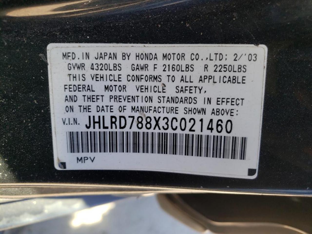 Photo 10 from auction – 2003 HONDA CR-V EX with VIN JHLRD788X3C021460