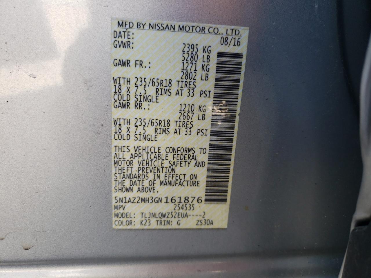 Photo 10 from auction – 2016 NISSAN MURANO S with VIN 5N1AZ2MH3GN161876