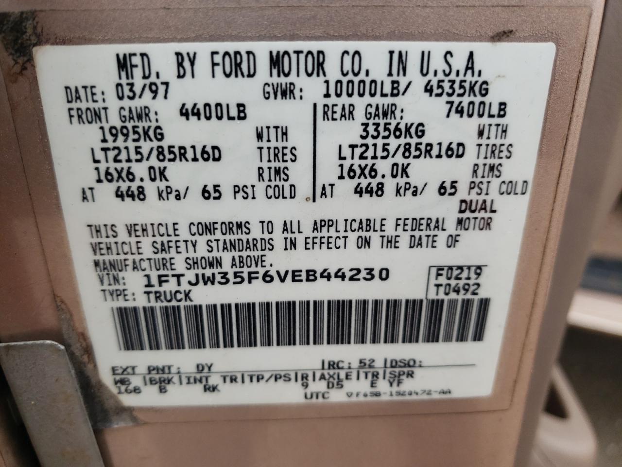 Photo 10 from auction – 1997 FORD F350 with VIN 1FTJW35F6VEB44230