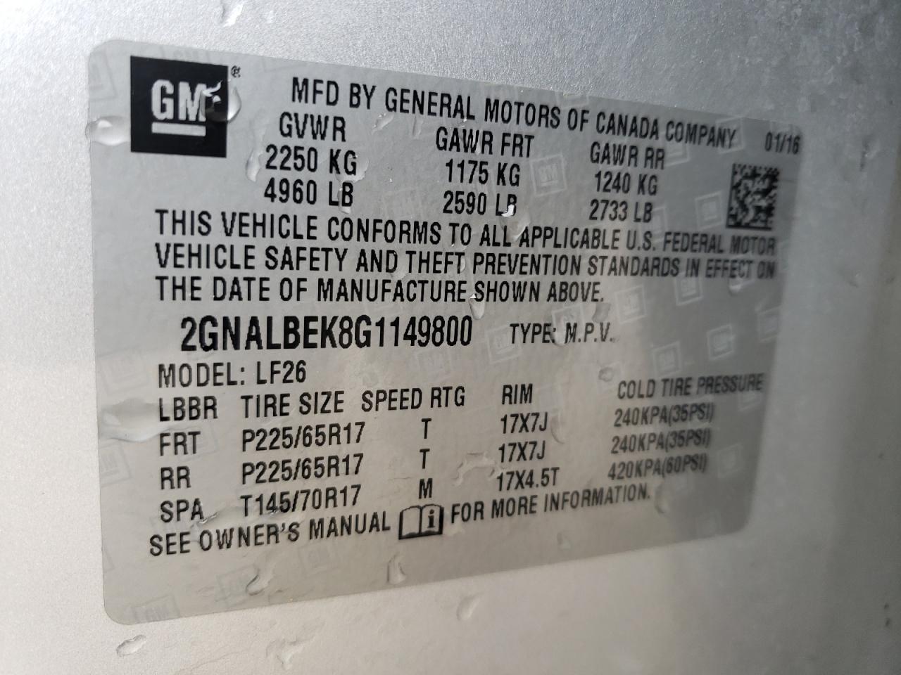 Photo 10 from auction – 2016 CHEVROLET EQUINOX LS with VIN 2GNALBEK8G1149800