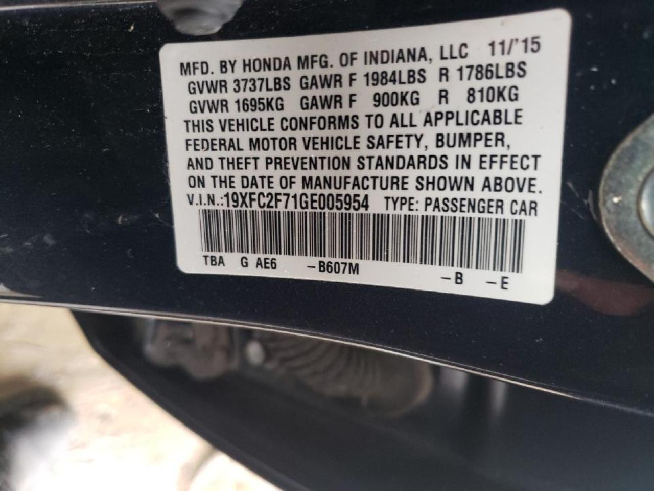 Photo 10 from auction – 2016 HONDA CIVIC EX with VIN 19XFC2F71GE005954
