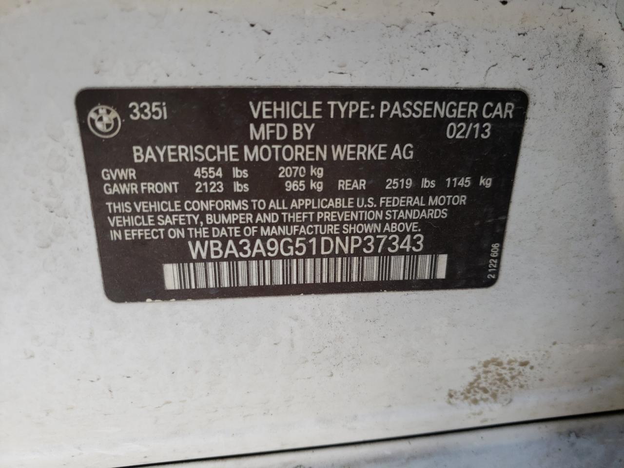 Photo 10 from auction – 2013 BMW 335 I with VIN WBA3A9G51DNP37343