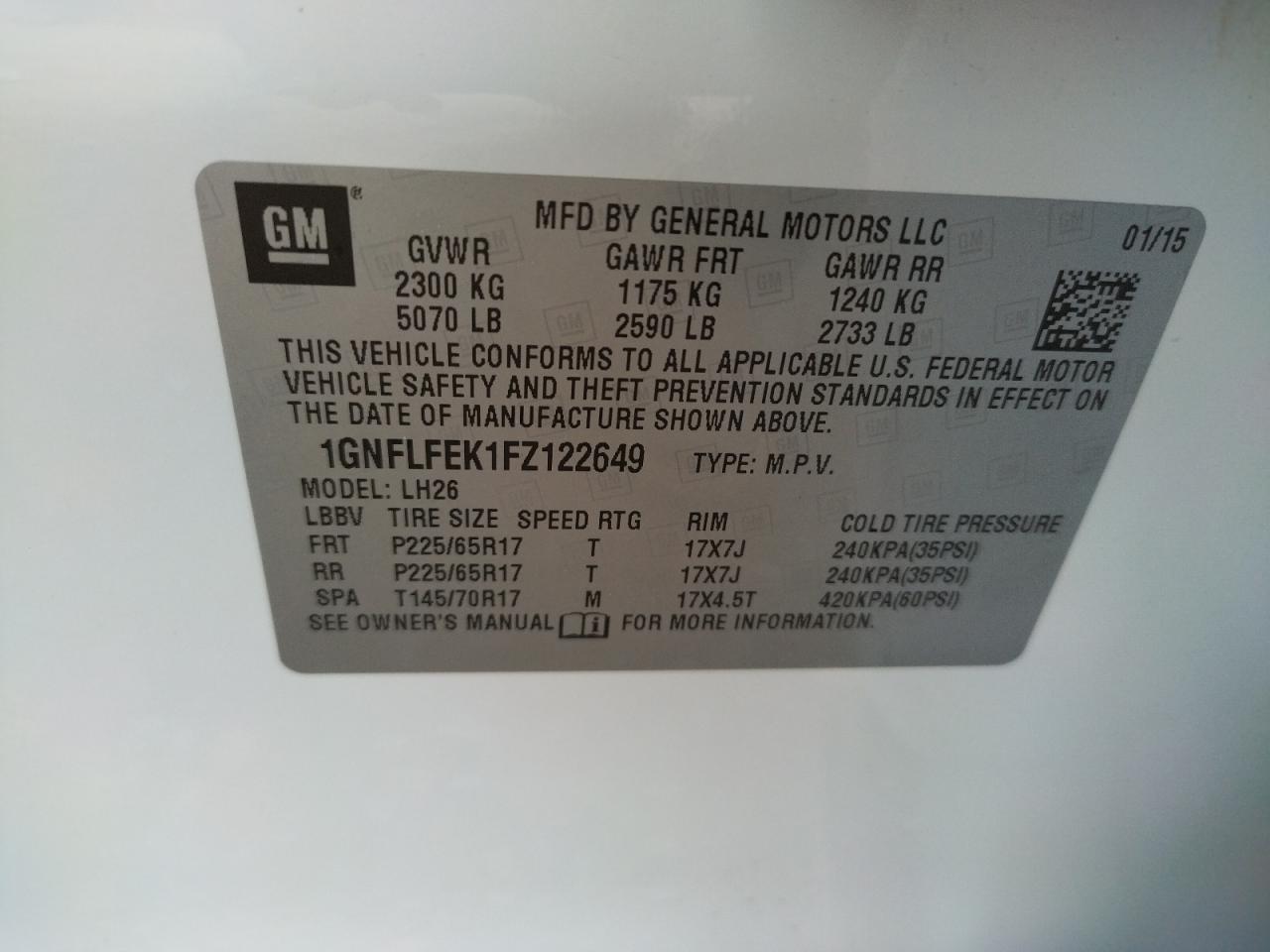 Photo 10 from auction – 2015 CHEVROLET EQUINOX LT with VIN 1GNFLFEK1FZ122649