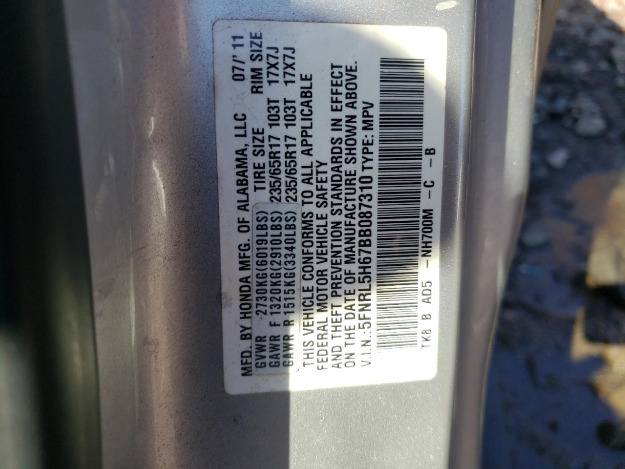 Photo 10 from auction – 2011 HONDA ODYSSEY EX with VIN 5FNRL5H67BB087310
