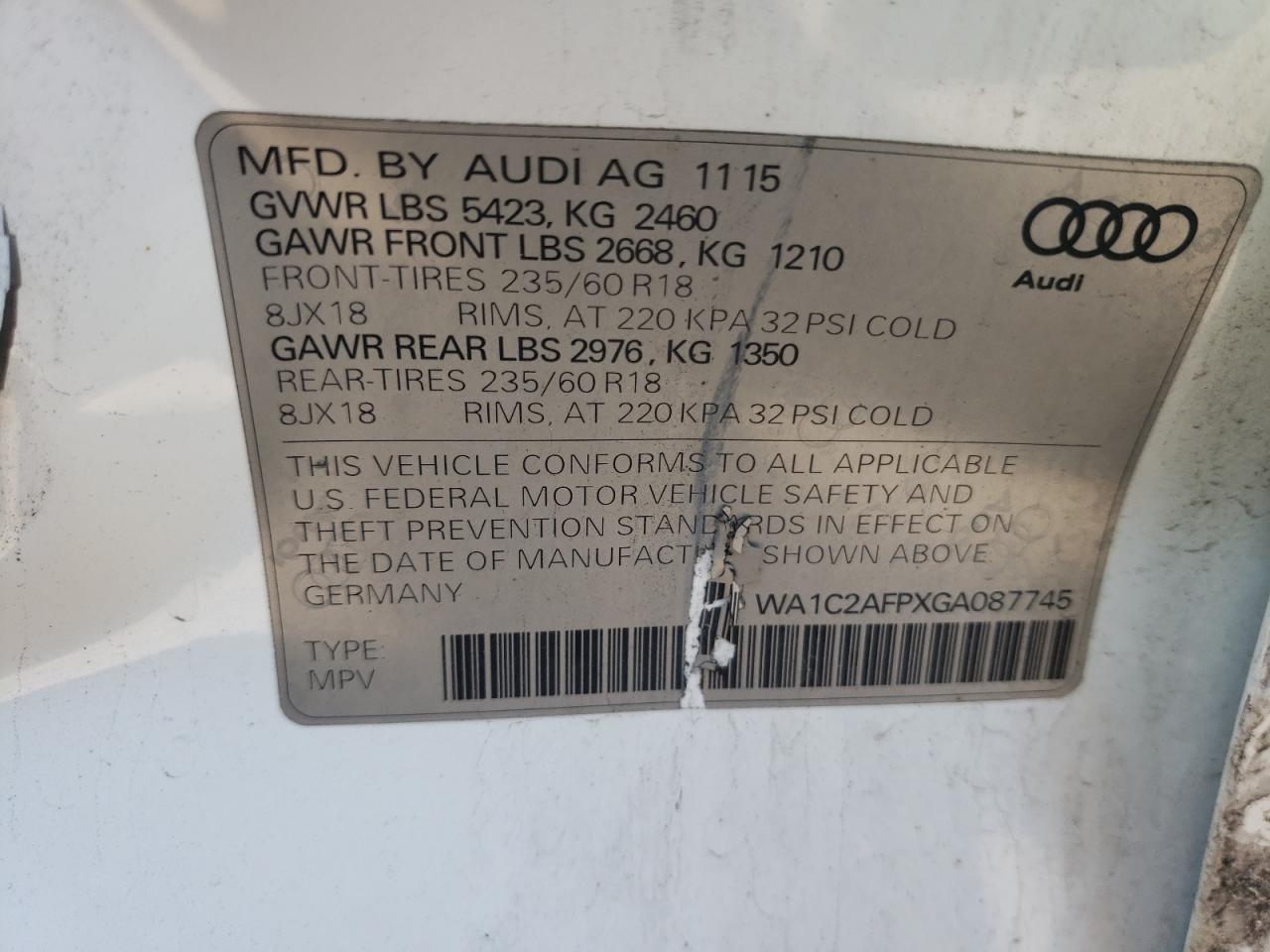 Zdjęcie 10 z aukcji – 2016 AUDI Q5 PREMIUM z VIN WA1C2AFPXGA087745