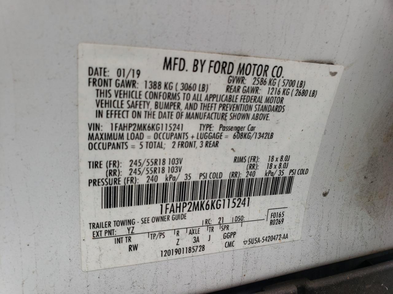 Photo 10 from auction – 2019 FORD TAURUS POL with VIN 1FAHP2MK6KG115241