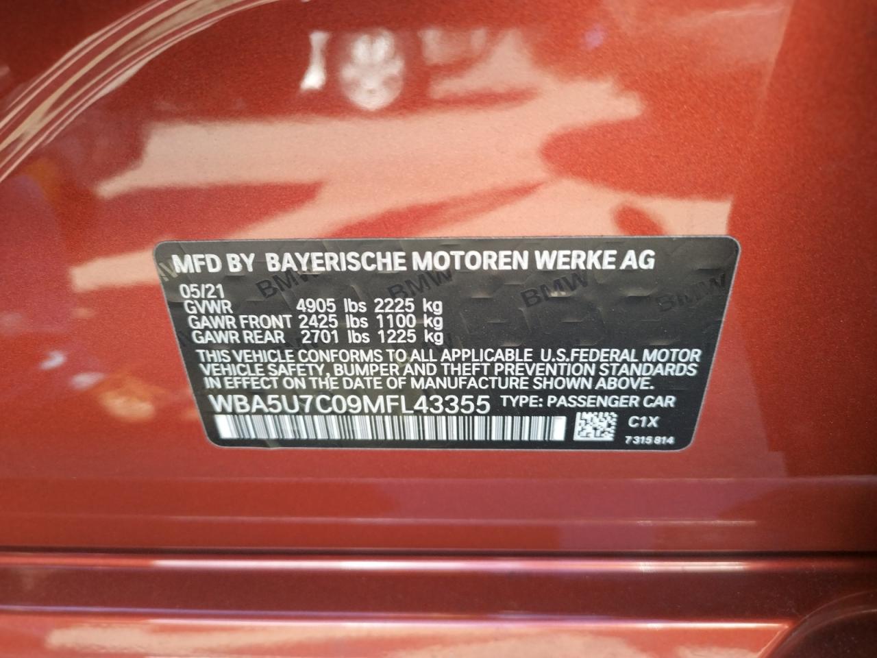 Photo 10 from auction – 2021 BMW M340I with VIN WBA5U7C09MFL43355