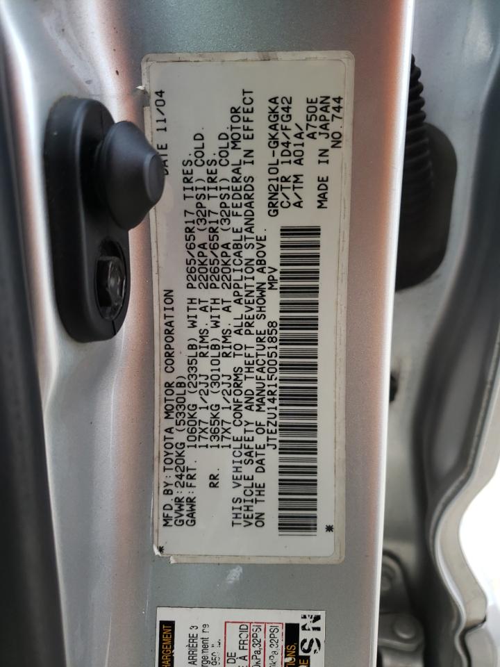 Photo 10 from auction – 2005 TOYOTA 4RUNNER SR with VIN JTEZU14R150051858