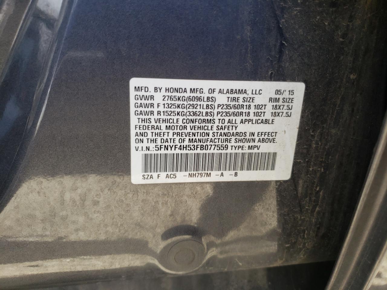 Photo 10 from auction – 2015 HONDA PILOT EXL with VIN 5FNYF4H53FB077559