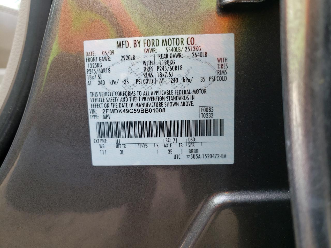 Photo 10 from auction – 2009 FORD EDGE LIMIT with VIN 2FMDK49C59BB01008