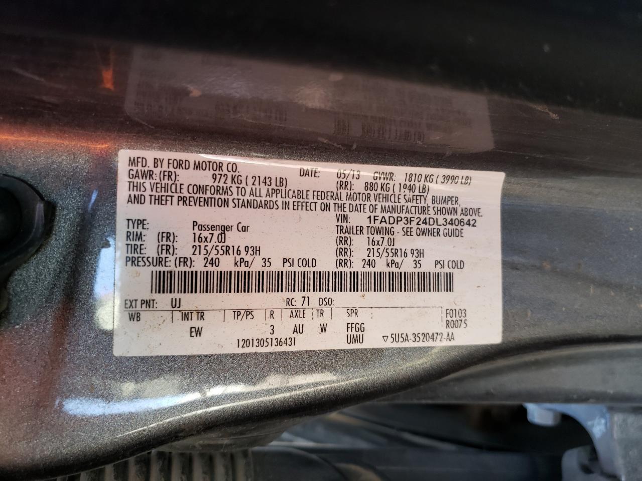 Photo 10 from auction – 2013 FORD FOCUS SE with VIN 1FADP3F24DL340642