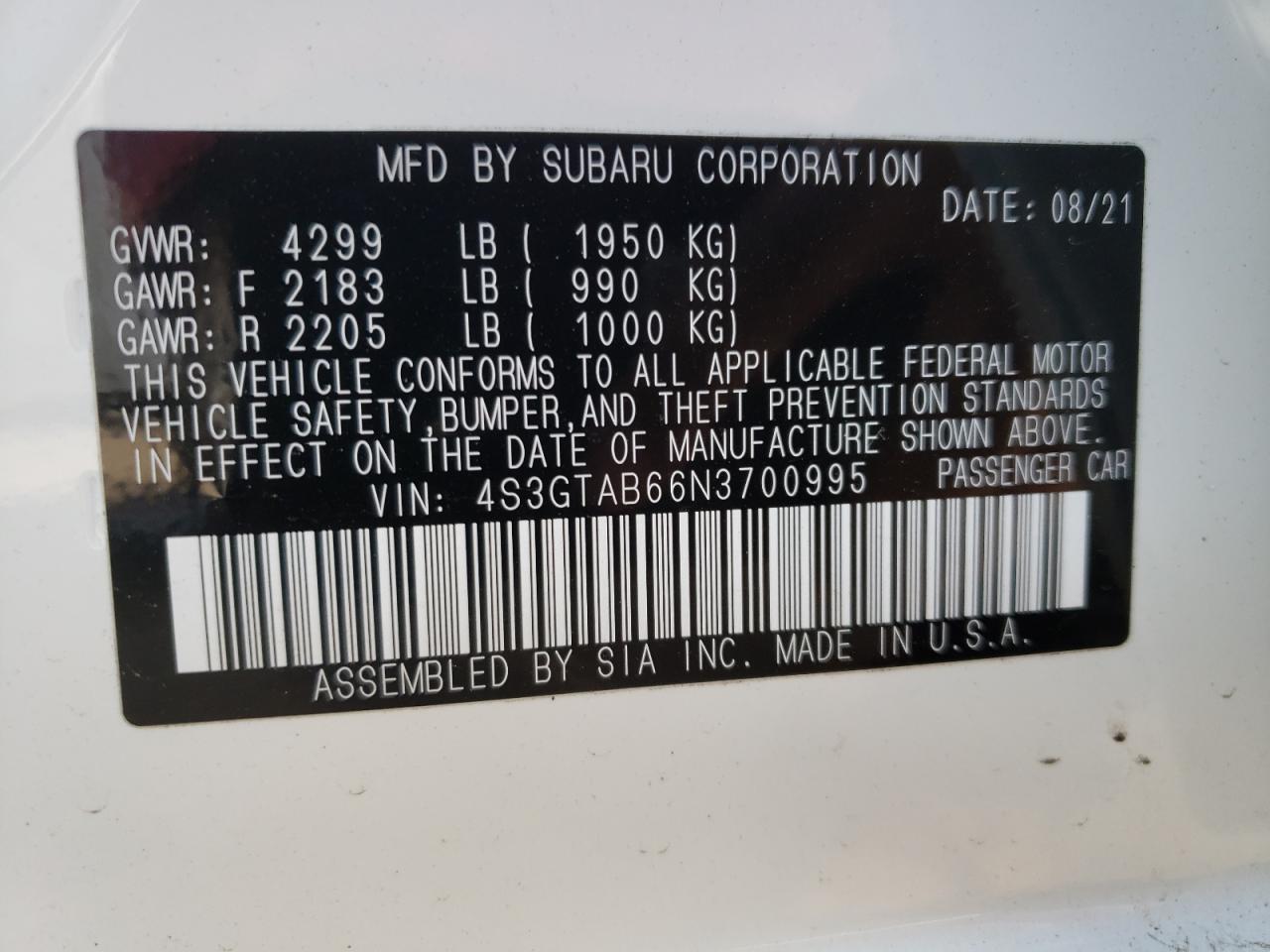 Photo 10 from auction – 2022 SUBARU IMPREZA with VIN 4S3GTAB66N3700995