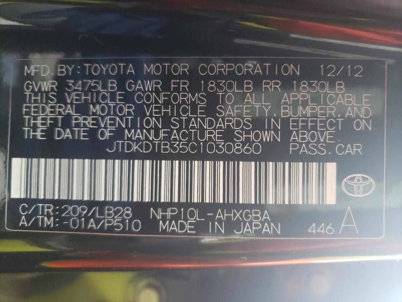 Photo 10 from auction – 2012 TOYOTA PRIUS C with VIN JTDKDTB35C1030860