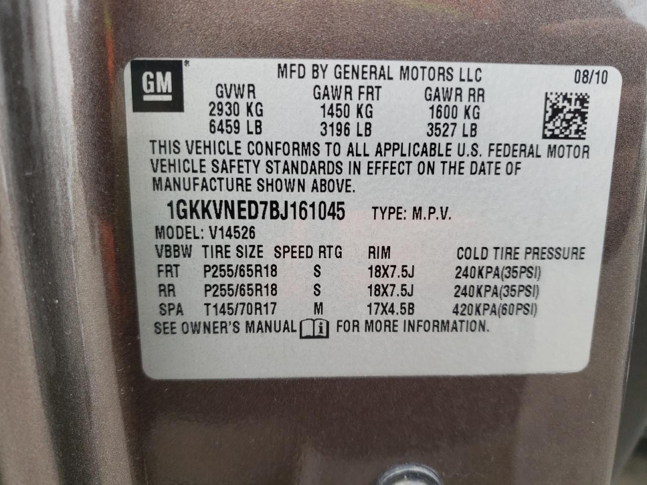 Photo 10 from auction – 2011 GMC ACADIA SLE with VIN 1GKKVNED7BJ161045