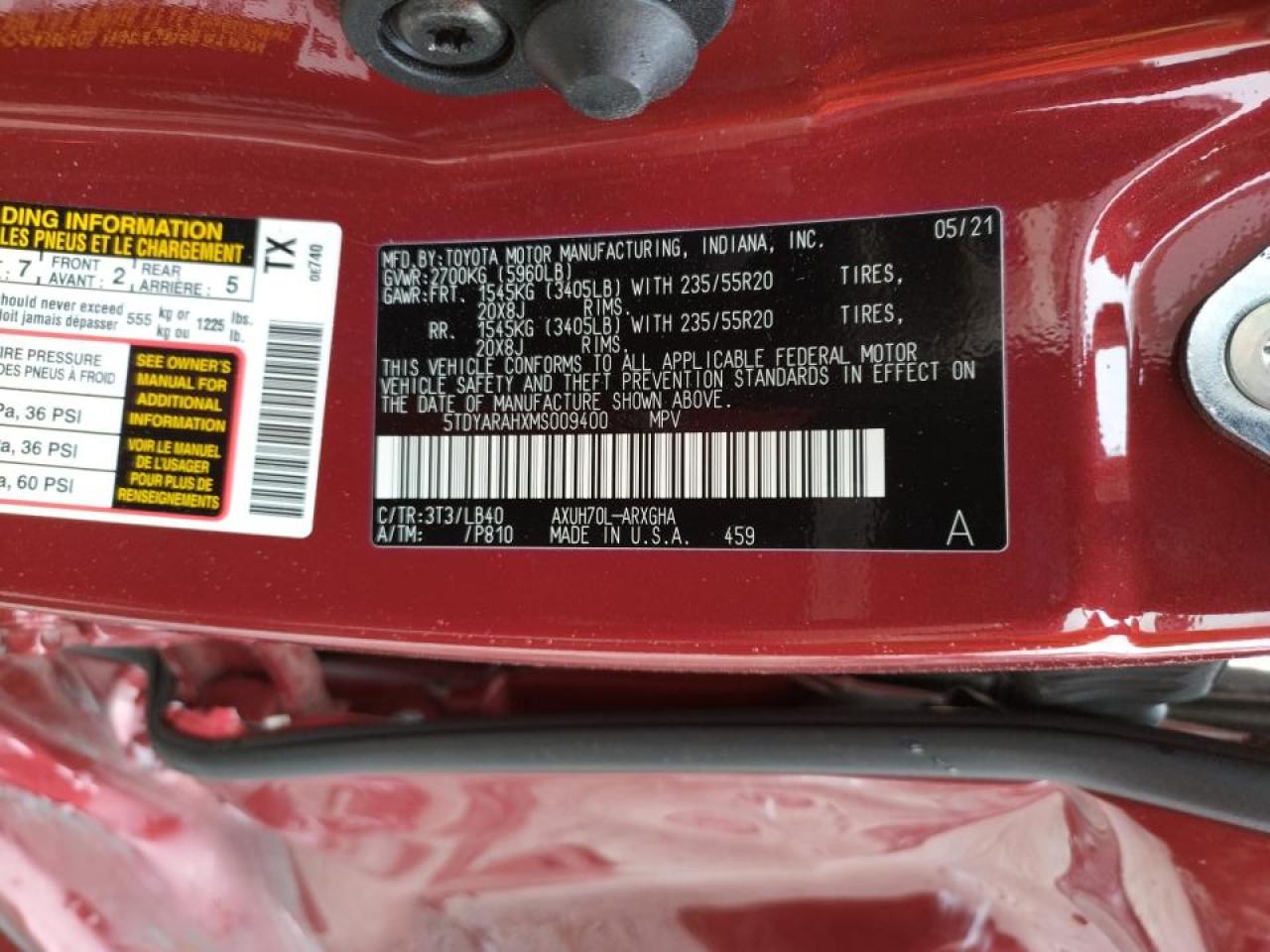 Photo 10 from auction – 2021 TOYOTA HIGHLANDER with VIN 5TDYARAHXMS009400