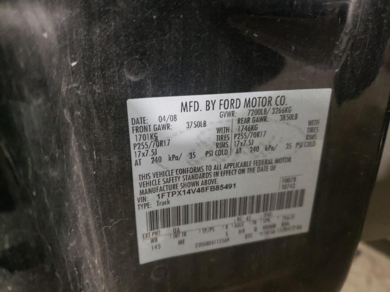 Photo 10 from auction – 2008 FORD F150 with VIN 1FTPX14V48FB85491