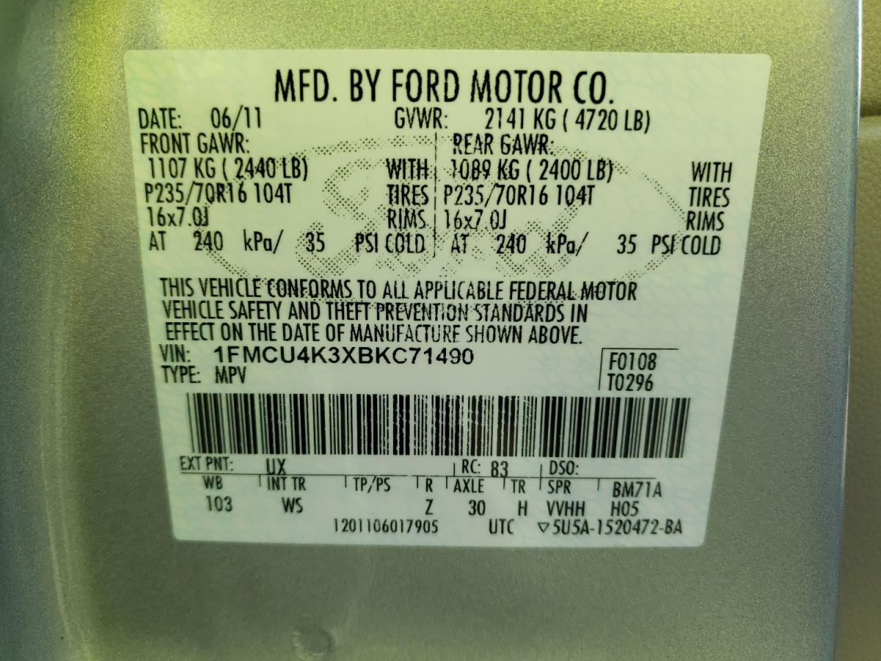 Photo 10 from auction – 2011 FORD ESCAPE HYB with VIN 1FMCU4K3XBKC71490