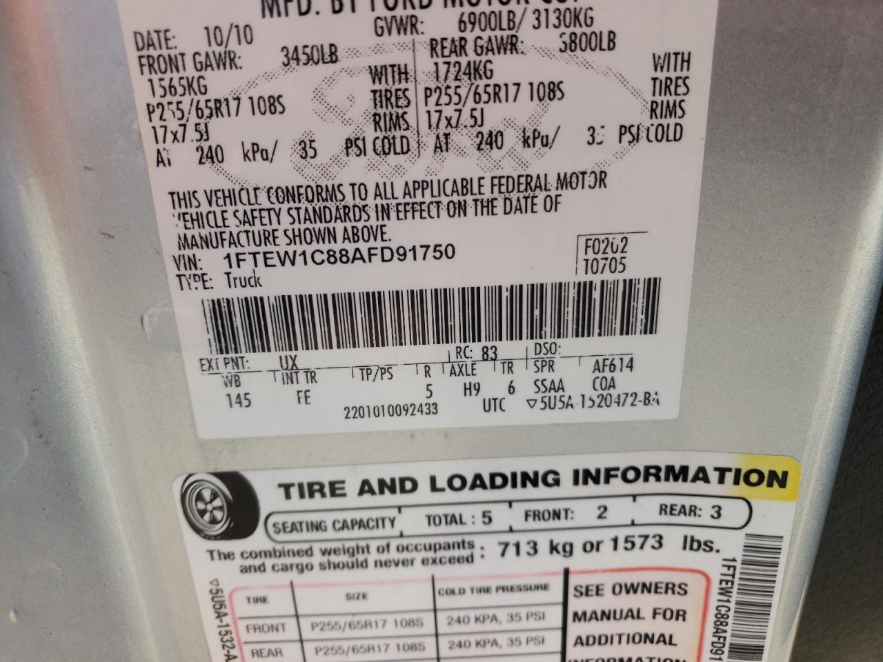 Photo 10 from auction – 2010 FORD F150 SUPER with VIN 1FTEW1C88AFD91750