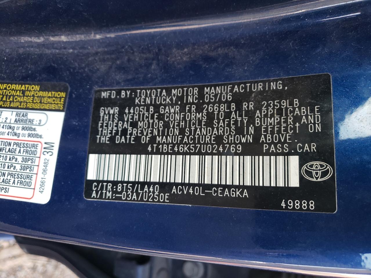 Photo 10 from auction – 2007 TOYOTA CAMRY CE with VIN 4T1BE46K57U024769