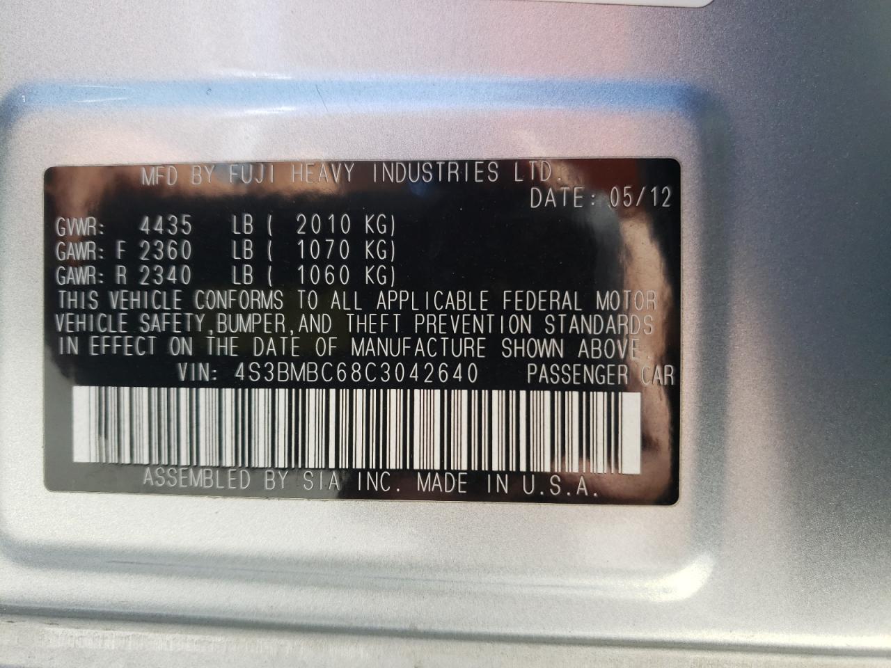 Photo 10 from auction – 2012 SUBARU LEGACY 2.5 with VIN 4S3BMBC68C3042640