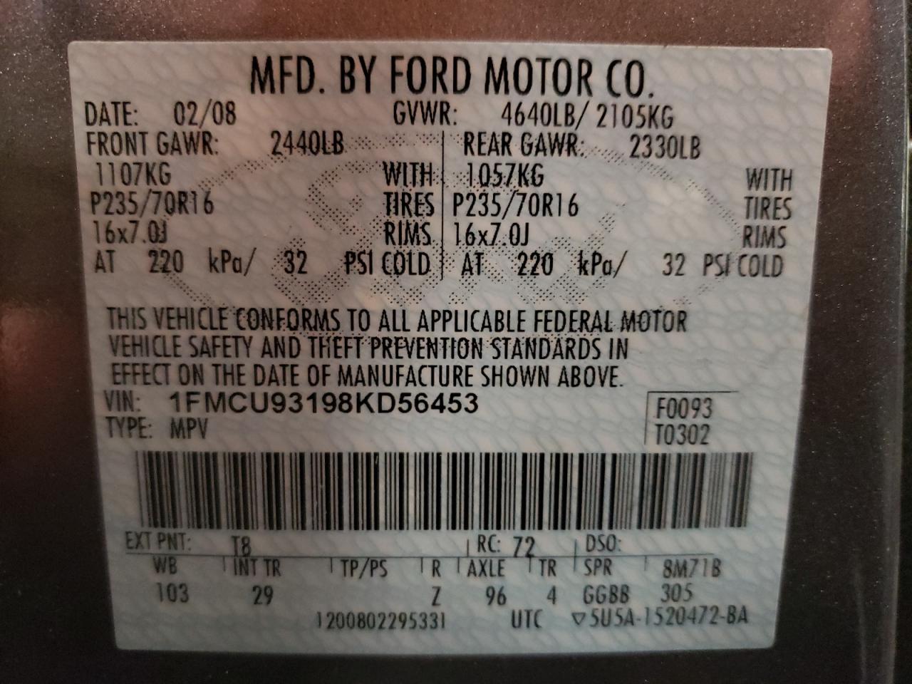 Photo 10 from auction – 2008 FORD ESCAPE XLT with VIN 1FMCU93198KD56453