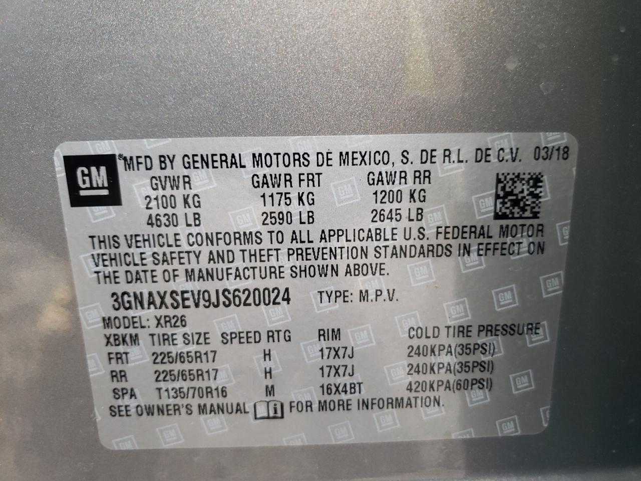 Photo 10 from auction – 2018 CHEVROLET EQUINOX LT with VIN 3GNAXSEV9JS620024