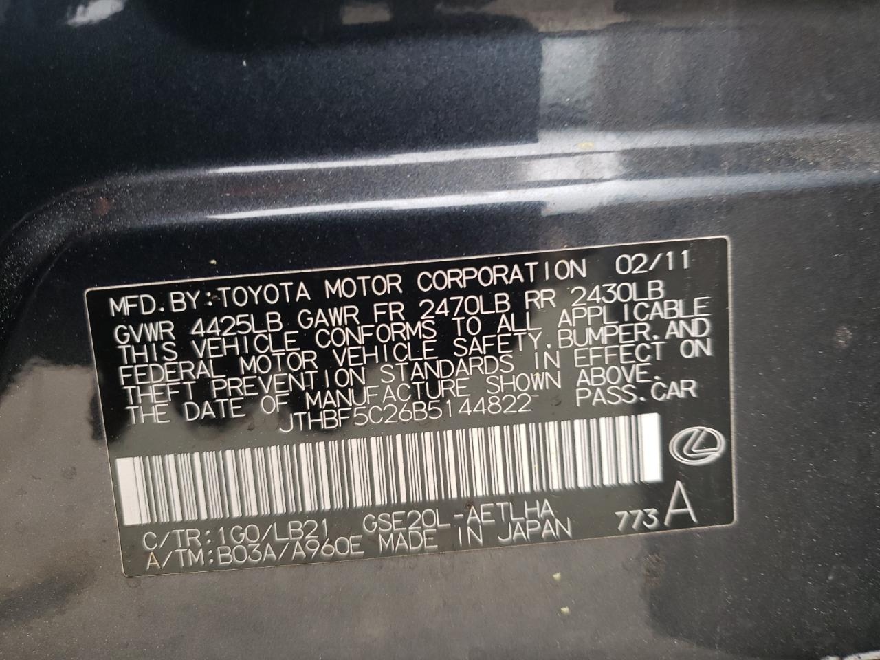 Photo 10 from auction – 2011 LEXUS IS 250 with VIN JTHBF5C26B5144822