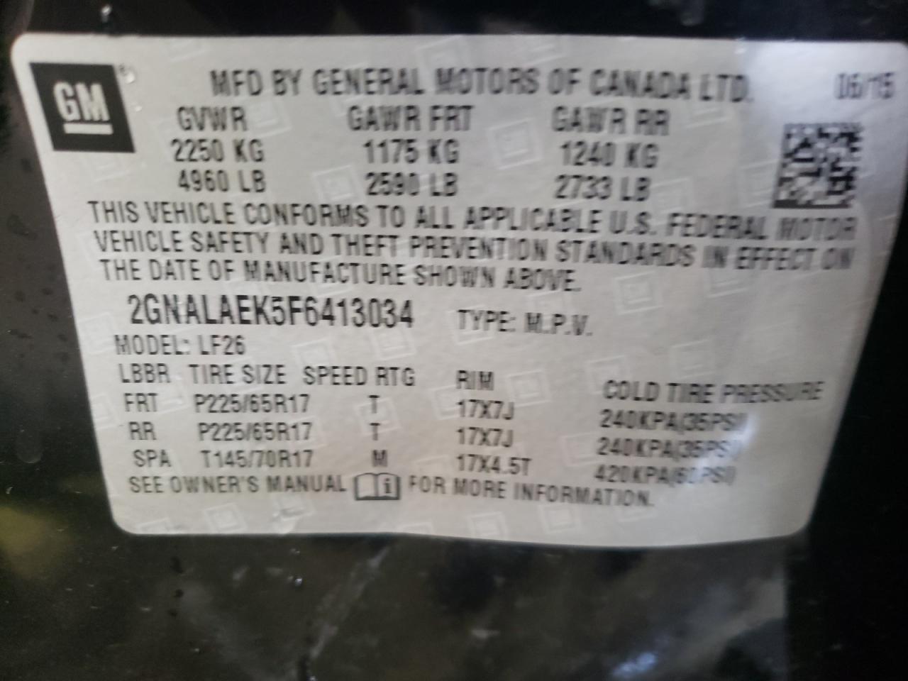 Photo 10 from auction – 2015 CHEVROLET EQUINOX LS with VIN 2GNALAEK5F6413034