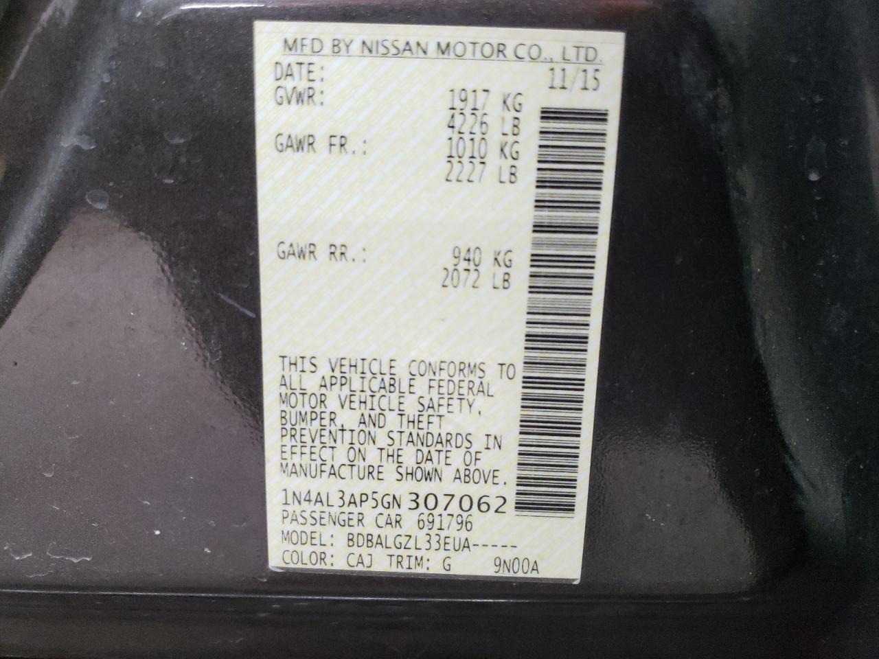 Photo 10 from auction – 2016 NISSAN ALTIMA 2.5 with VIN 1N4AL3AP5GN307062