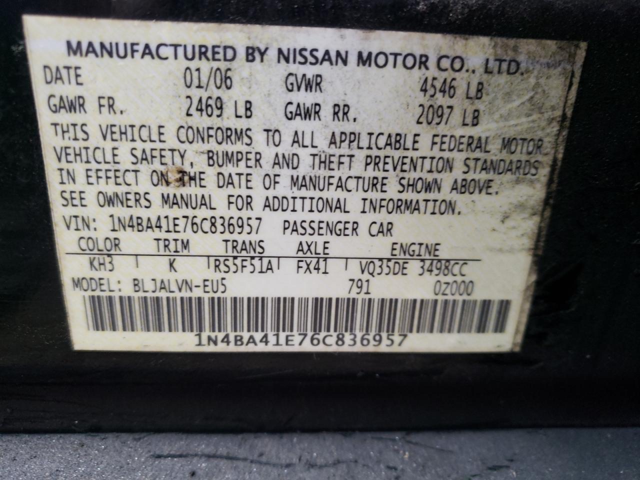 Photo 10 from auction – 2006 NISSAN MAXIMA SE with VIN 1N4BA41E76C836957