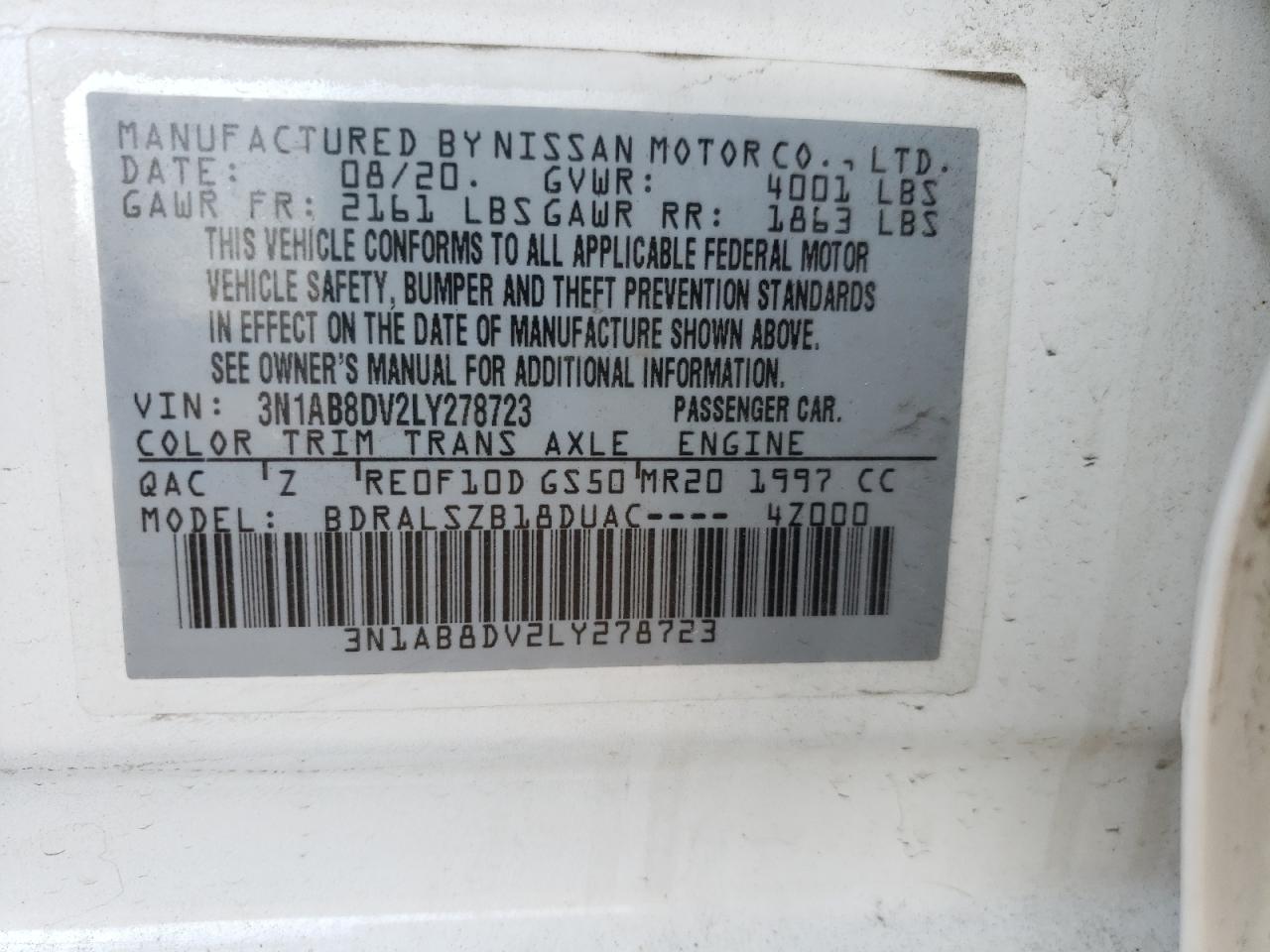 Photo 10 from auction – 2020 NISSAN SENTRA SR with VIN 3N1AB8DV2LY278723