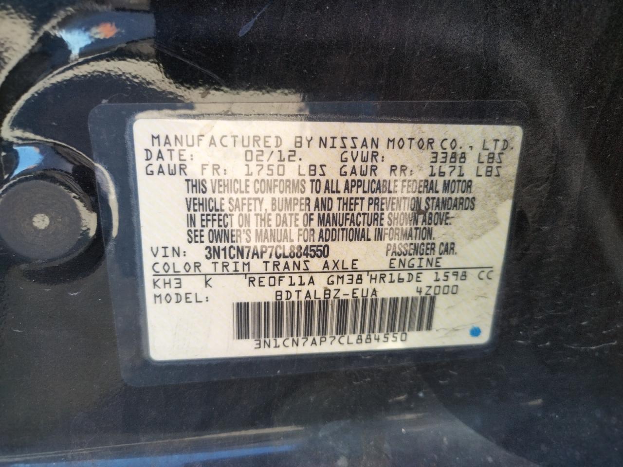 Photo 10 from auction – 2012 NISSAN VERSA S with VIN 3N1CN7AP7CL884550