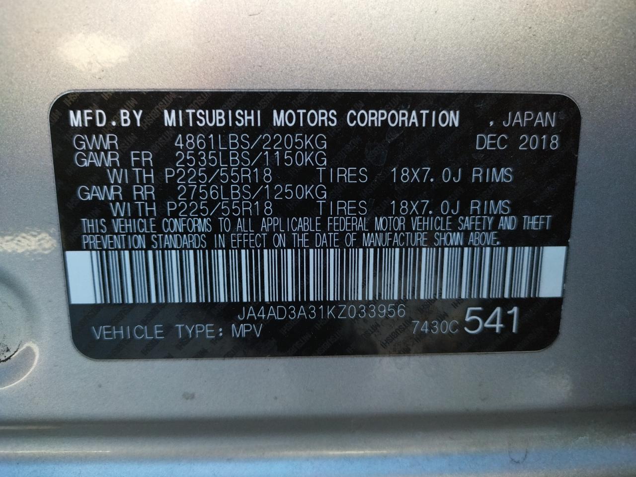 Photo 10 from auction – 2019 MITSUBISHI OUTLANDER with VIN JA4AD3A31KZ033956