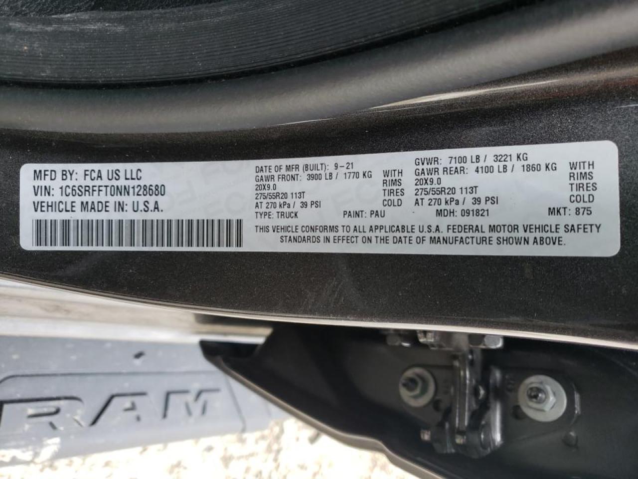 Photo 10 from auction – 2022 RAM 1500 BIG H with VIN 1C6SRFFT0NN128680