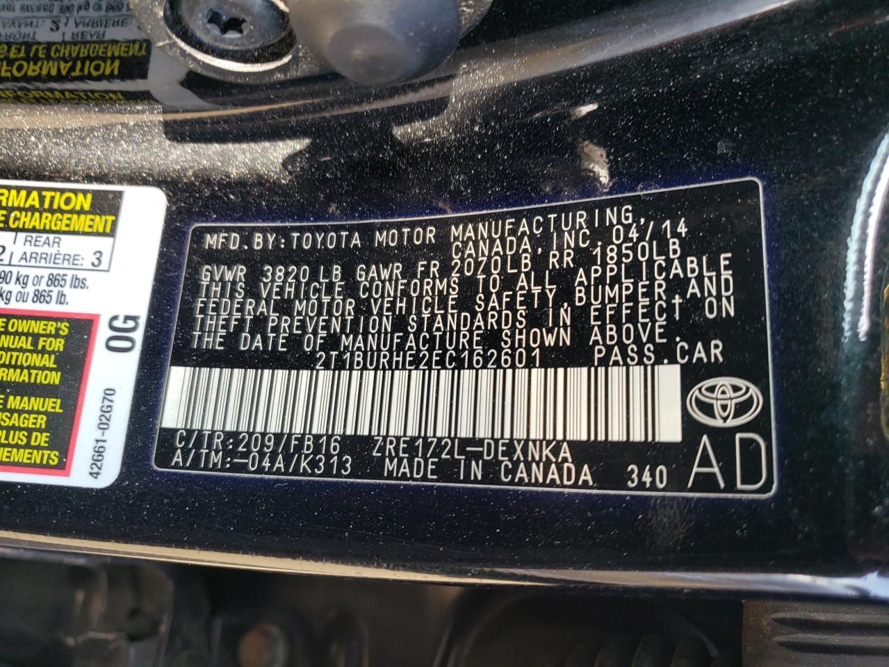 Photo 10 from auction – 2014 TOYOTA COROLLA L with VIN 2T1BURHE2EC162601