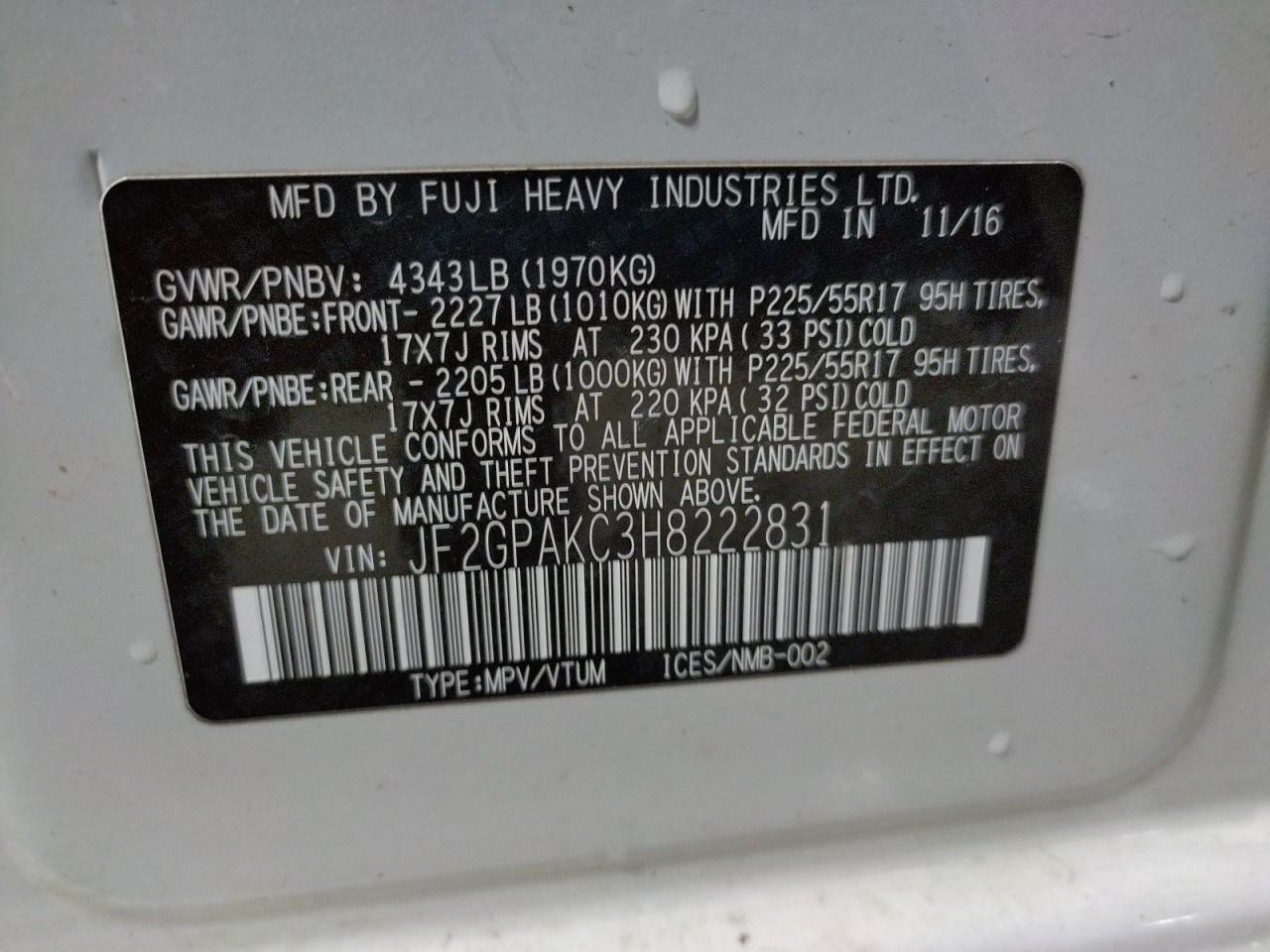 Photo 10 from auction – 2017 SUBARU CROSSTREK with VIN JF2GPAKC3H8222831