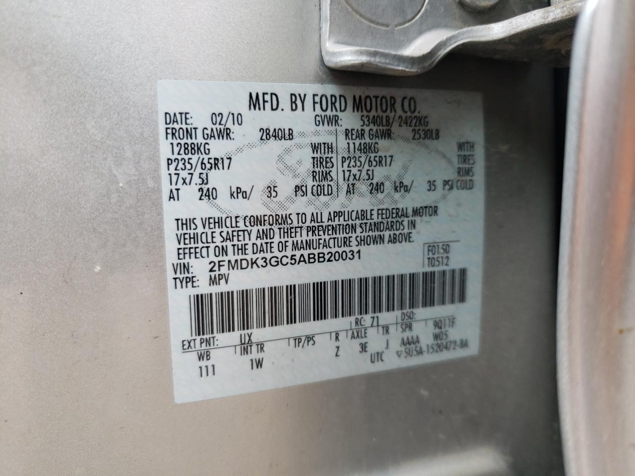 Photo 10 from auction – 2010 FORD EDGE SE with VIN 2FMDK3GC5ABB20031