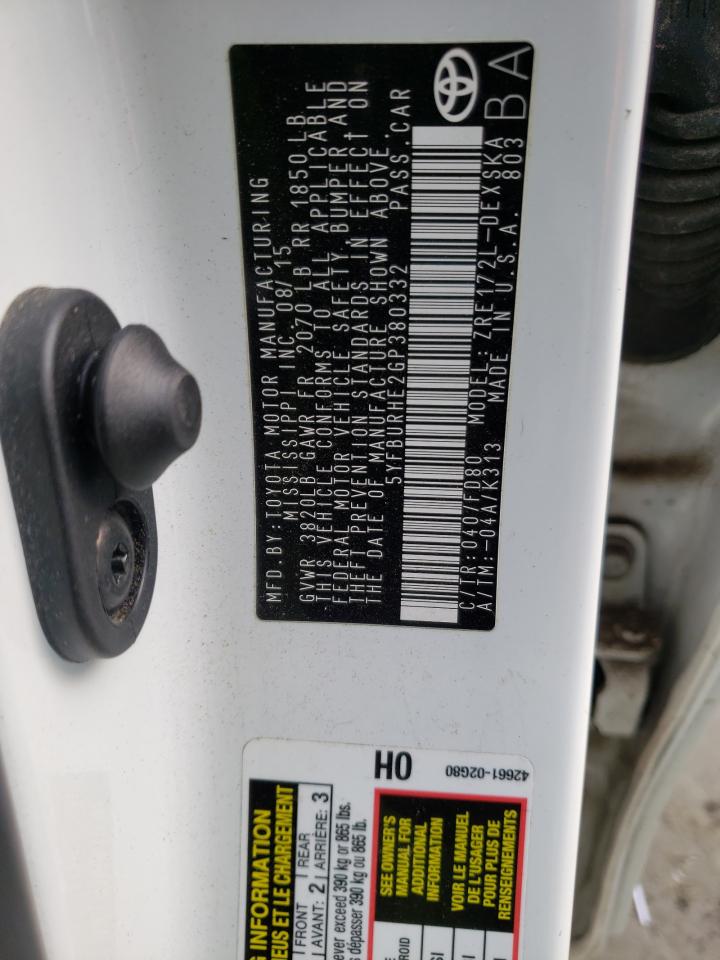 Photo 11 from auction – 2016 TOYOTA COROLLA L with VIN 5YFBURHE2GP380332