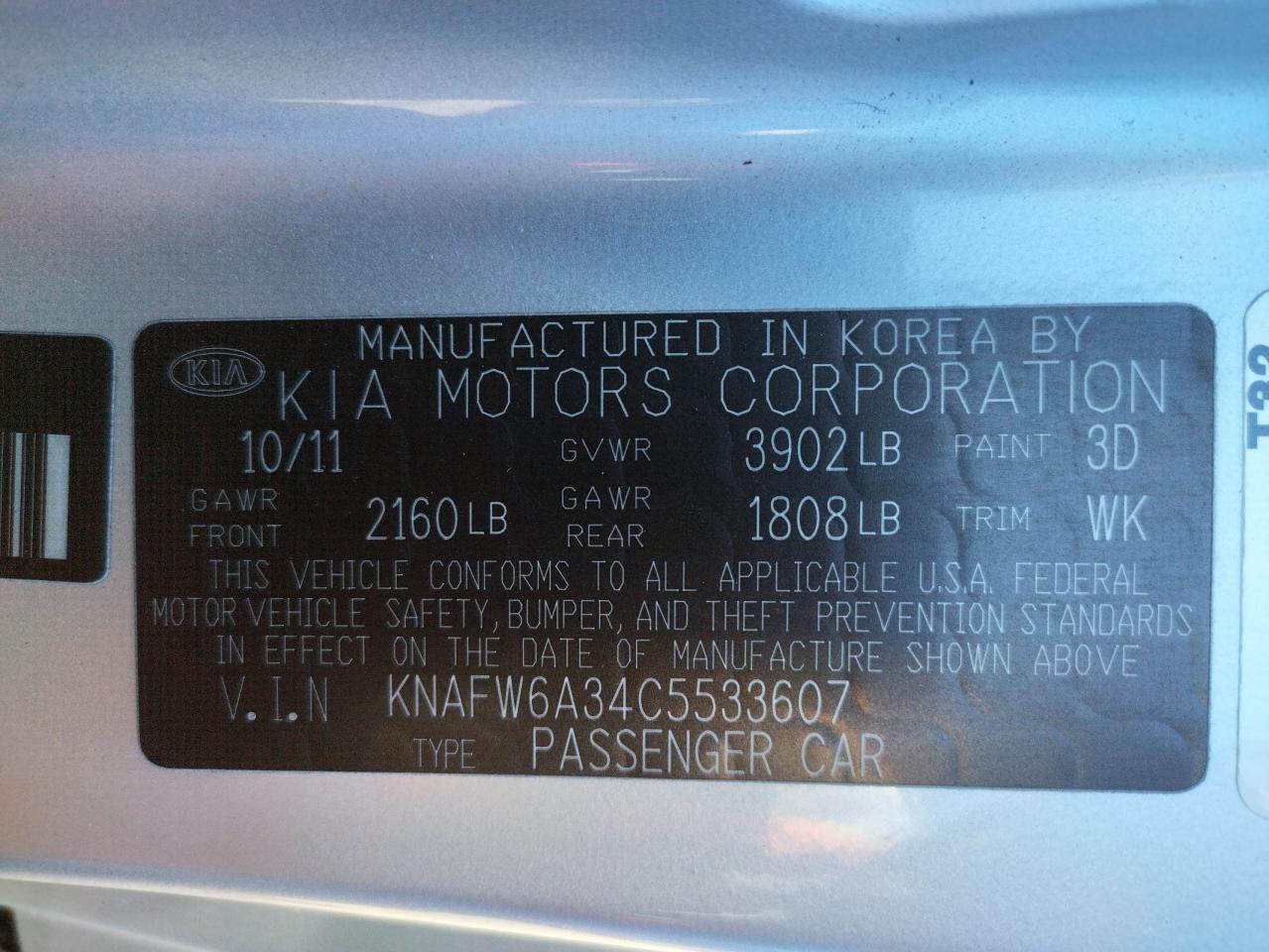 Photo 10 from auction – 2012 KIA FORTE SX with VIN KNAFW6A34C5533607