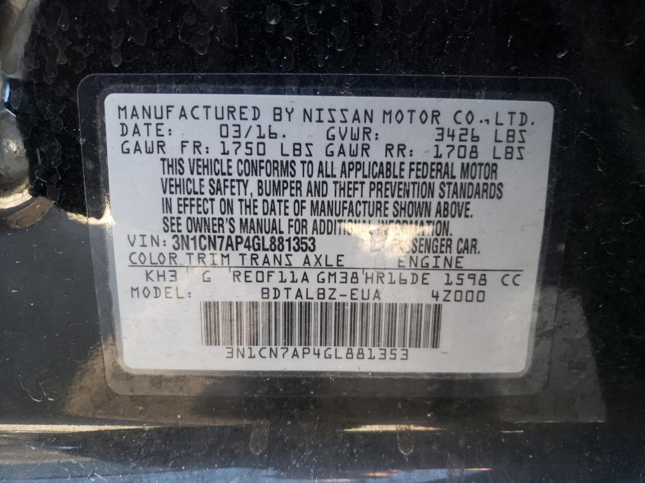 Photo 10 from auction – 2016 NISSAN VERSA S with VIN 3N1CN7AP4GL881353