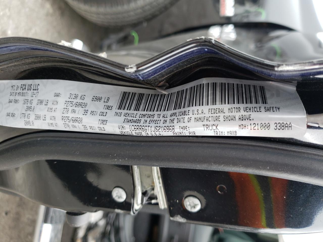 Photo 10 from auction – 2018 RAM 1500 SLT with VIN 1C6RR6GT1JS216968