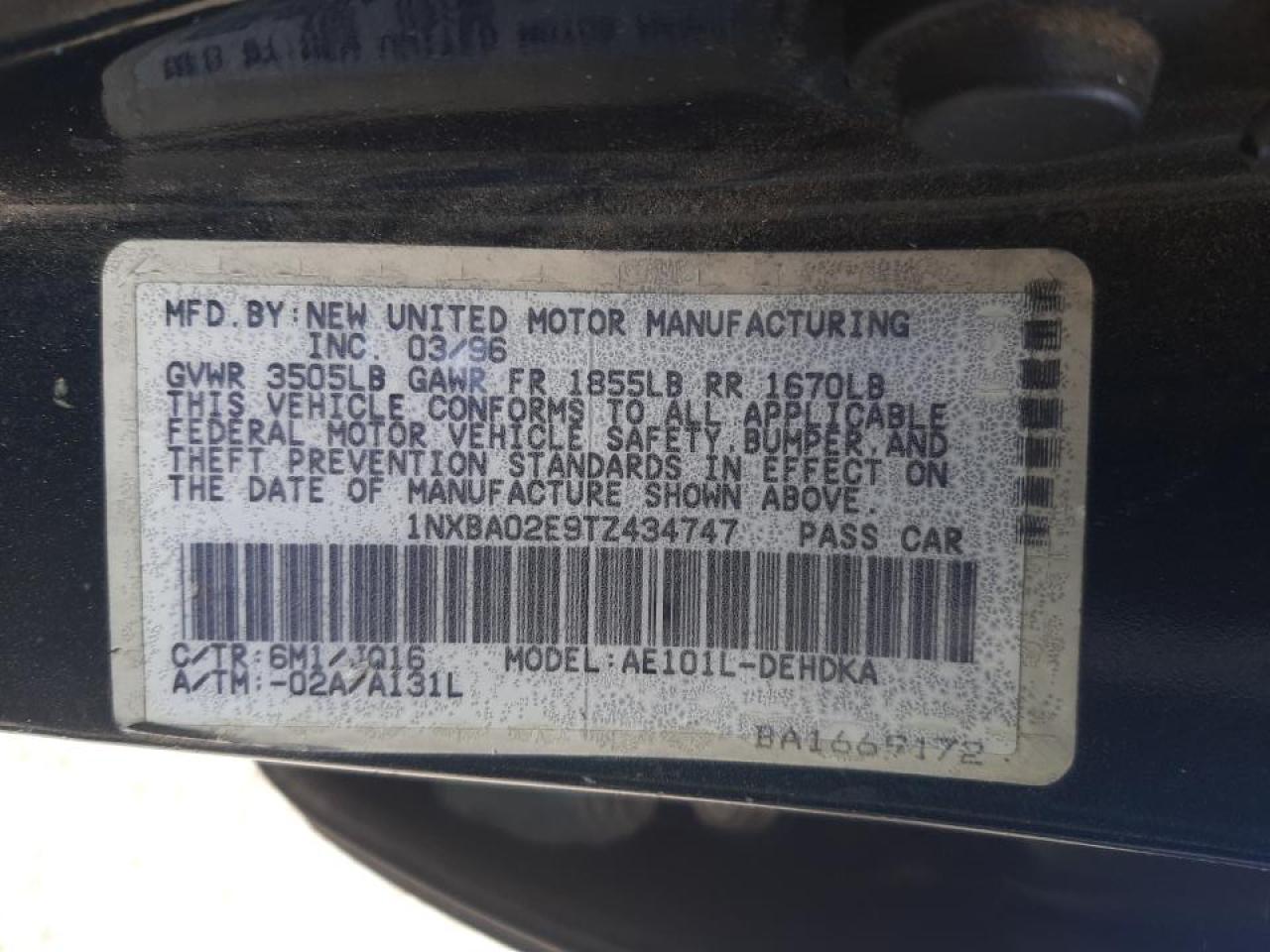 Photo 10 from auction – 1996 TOYOTA COROLLA with VIN 1NXBA02E9TZ434747