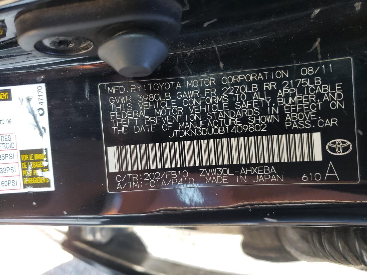 Photo 10 from auction – 2011 TOYOTA PRIUS with VIN JTDKN3DU0B1409802