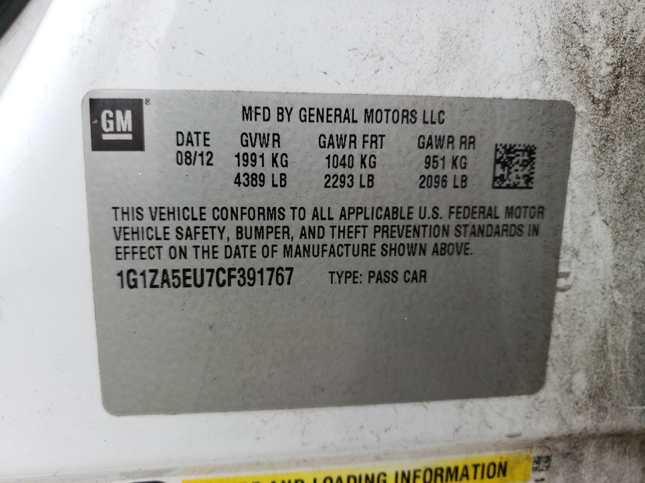 Photo 10 from auction – 2012 CHEVROLET MALIBU LS with VIN 1G1ZA5EU7CF391767