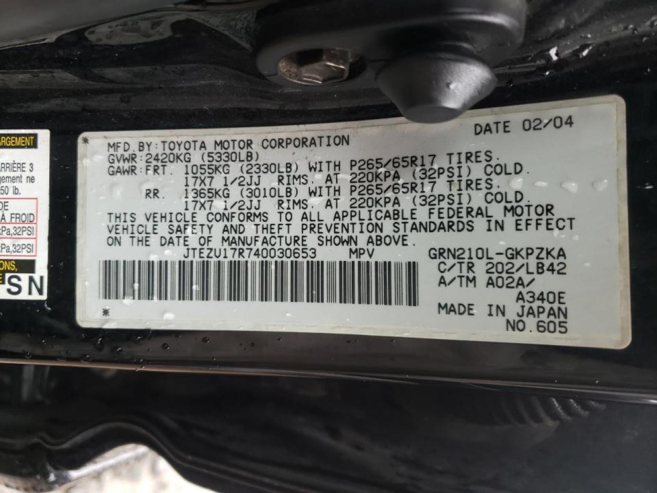 Photo 10 from auction – 2004 TOYOTA 4RUNNER LI with VIN JTEZU17R740030653