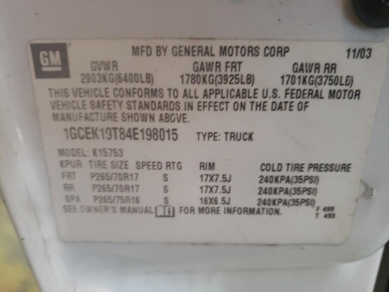 Photo 10 from auction – 2004 CHEVROLET SILVERADO with VIN 1GCEK19T84E198015